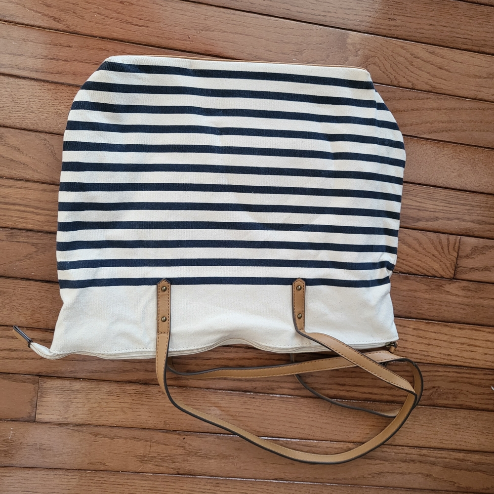 Sonoma Navy and White Striped Canvas & Leather Tote